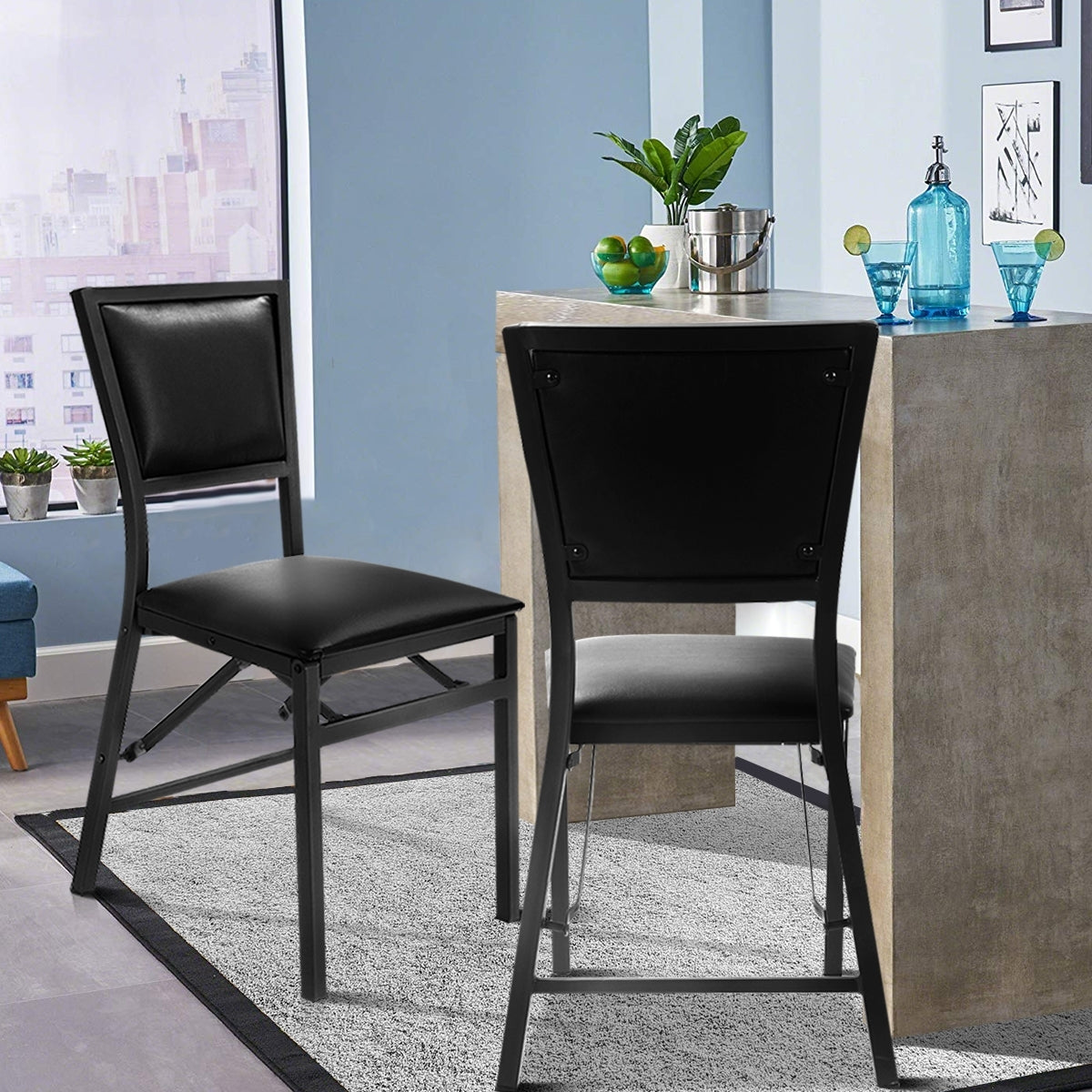 Set of 2 Metal Folding Dining Chair with Space Saving Design - Color: Black