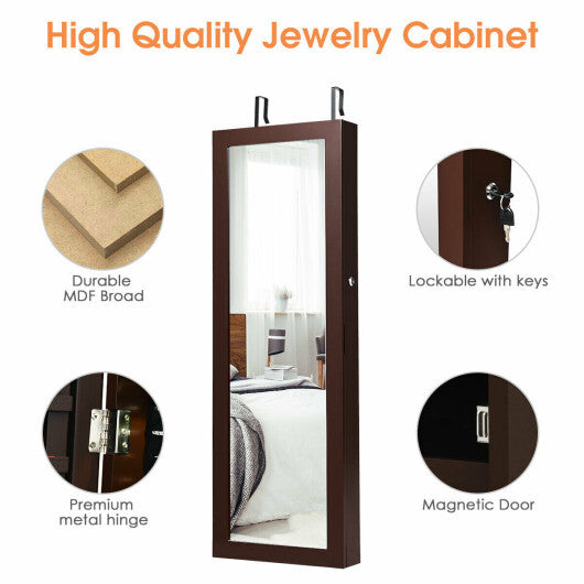 Lockable Wall Mount Mirrored Jewelry Cabinet with LED Lights-White
