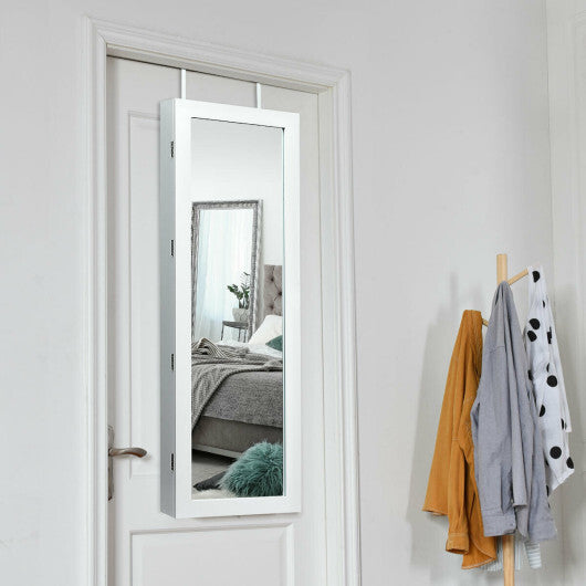Lockable Wall Mount Mirrored Jewelry Cabinet with LED Lights-White