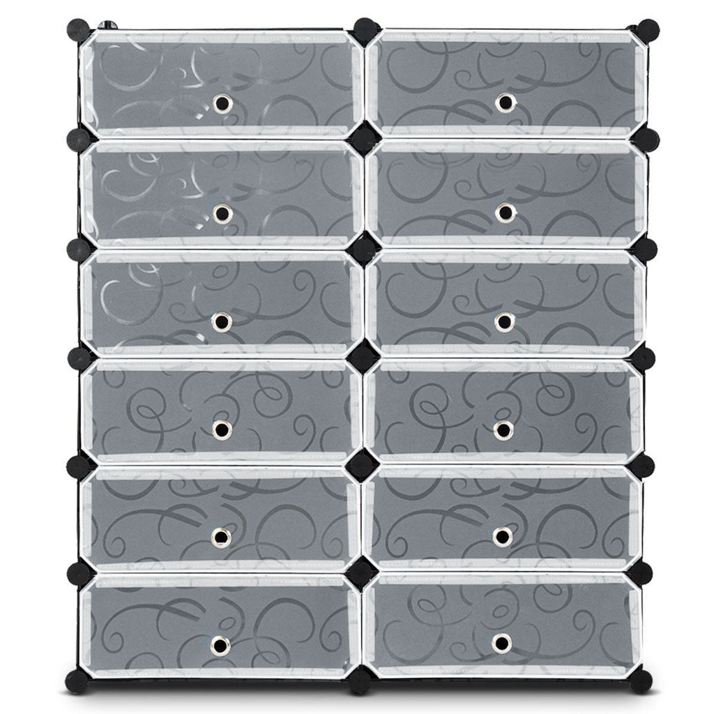 12-Cube DIY Portable Plastic Shoe Rack with Transparent Doors-Black - Color: Black
