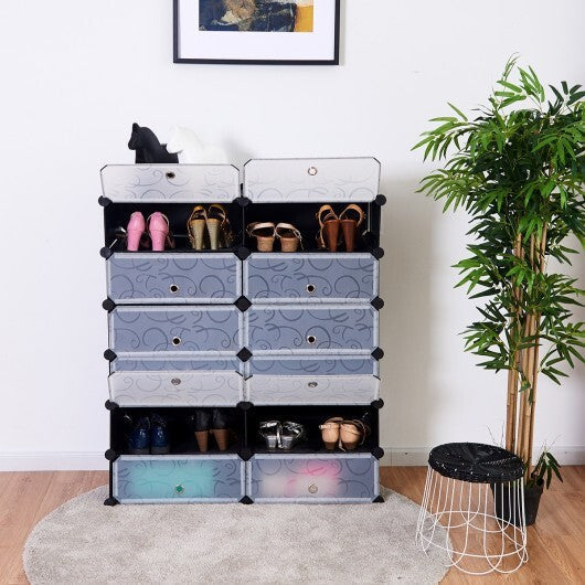 12-Cube DIY Portable Plastic Shoe Rack with Transparent Doors-Black - Color: Black