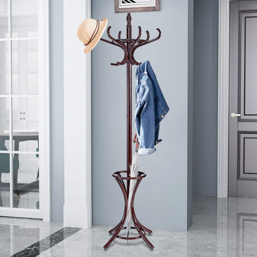 Wood Standing Hat Coat Rack with Umbrella Stand-Black