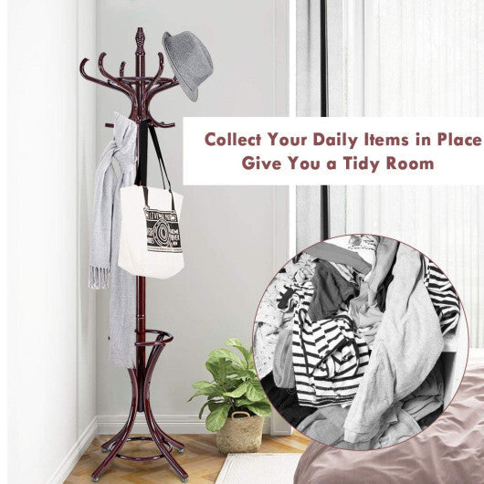 Wood Standing Hat Coat Rack with Umbrella Stand-Black
