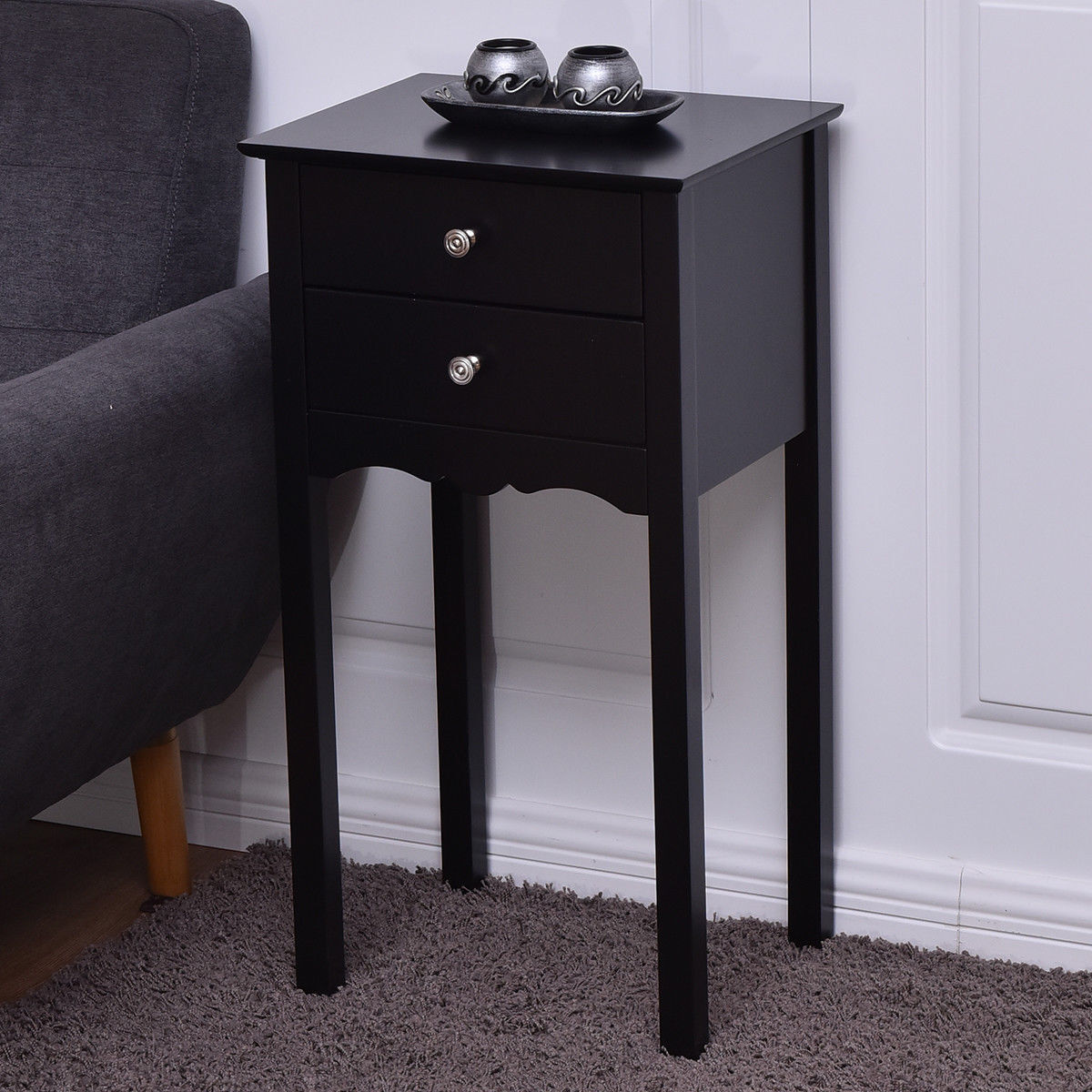 Side Table End Accent Table with 2 Drawers-Black - Color: Black