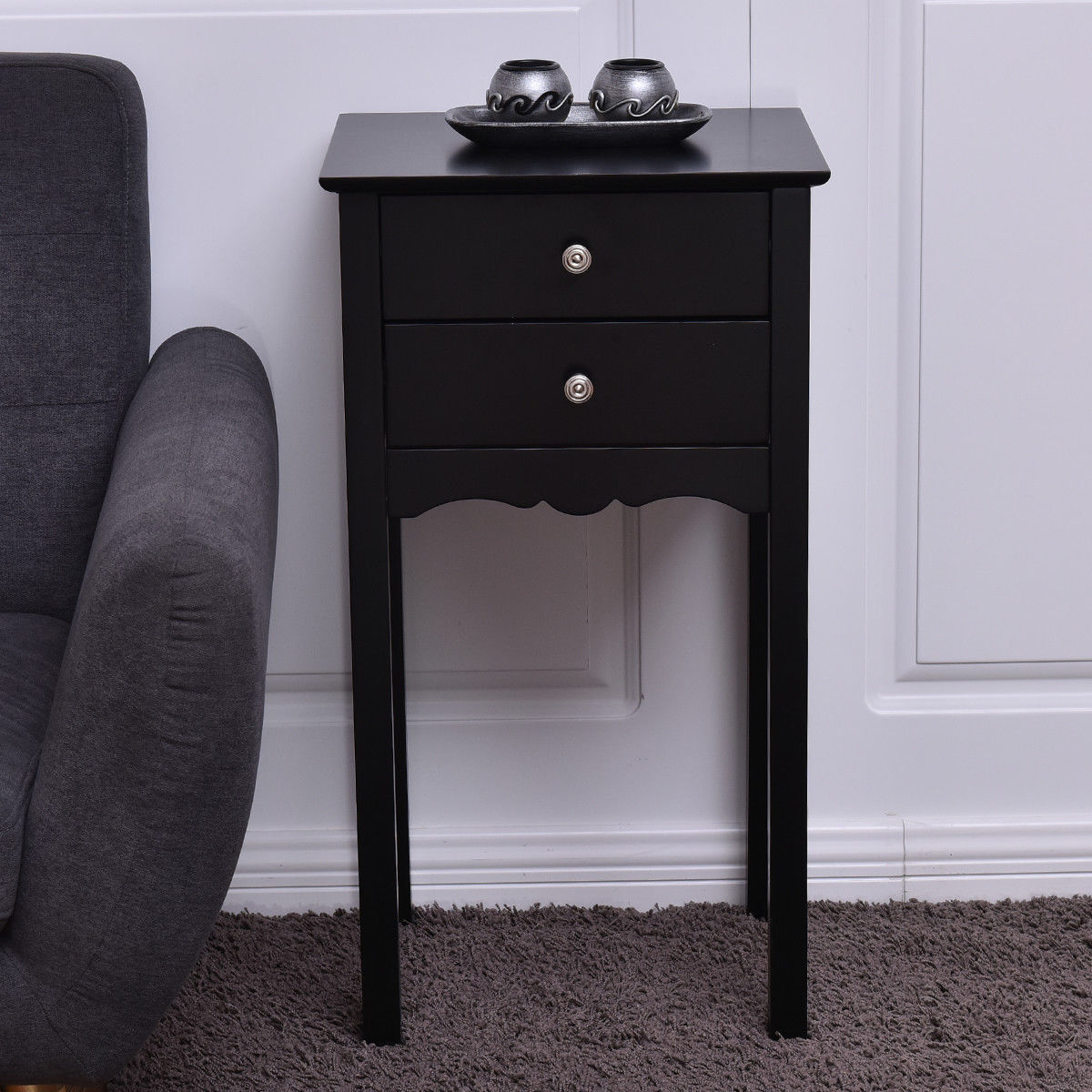 Side Table End Accent Table with 2 Drawers-Black - Color: Black