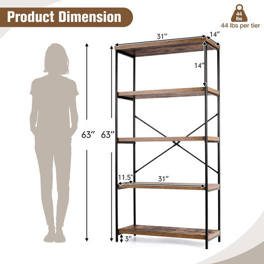 Multipurpose Open Bookcase Industrial Rack Wide Standing Storage Shelf-Brown - Color: Brown