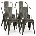 4 Pieces Tolix Style Metal Dining Side Chair Stackable Wood Seat-White
