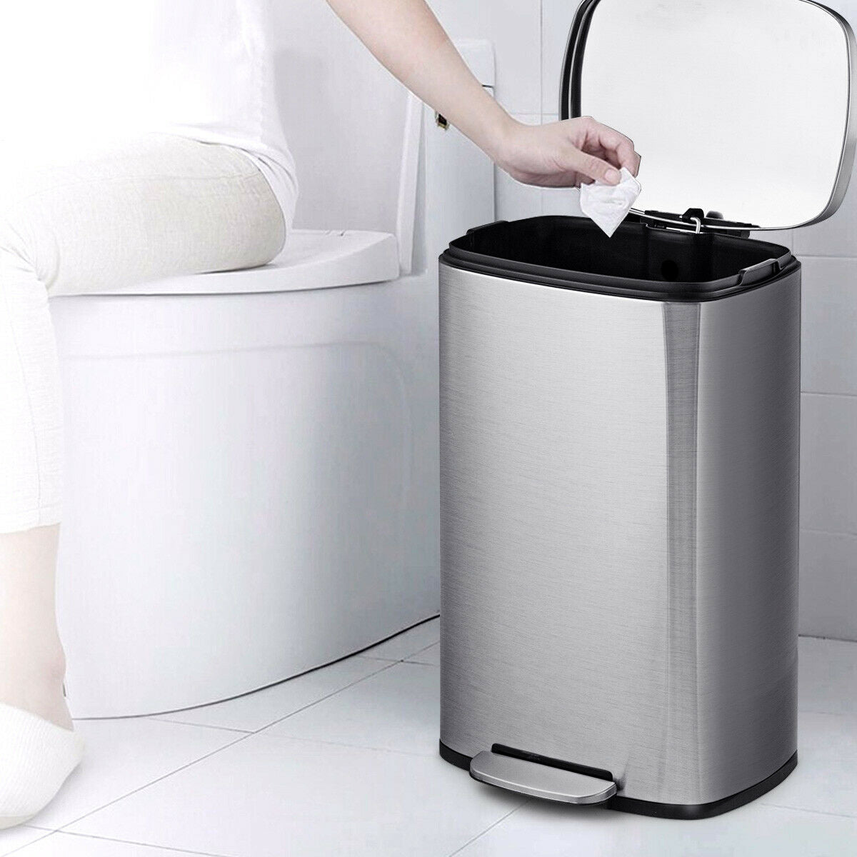 13.2 Gallon Stainless Steel Trash Garbage Can with Bucket - Color: Silver