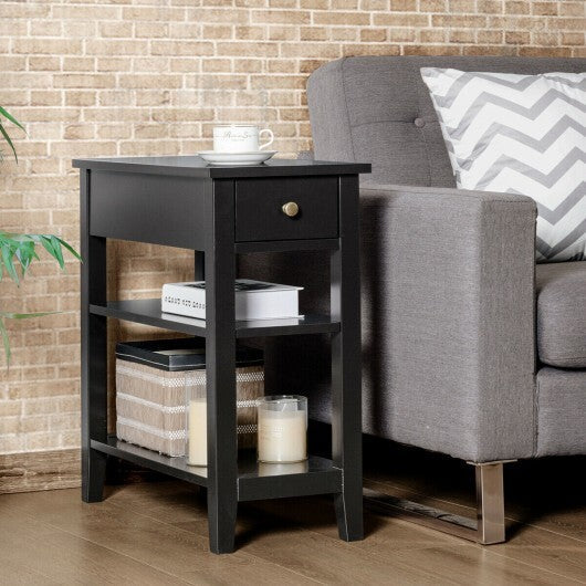 3-Tier Nightstand Bedside Table Sofa Side with Double Shelves Drawer-White