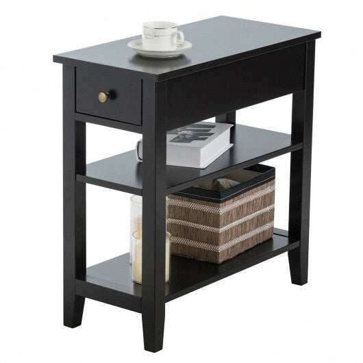 3-Tier Nightstand Bedside Table Sofa Side with Double Shelves Drawer-White