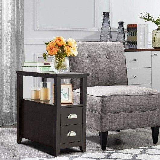 End Table Wooden with 2 Drawers and Shelf Bedside Table-Brown