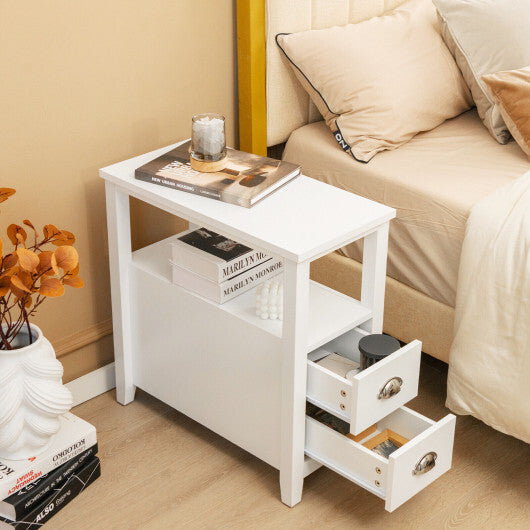 Set of 2 End Table Wooden with 2 Drawer & Shelf Bedside Table-Brown