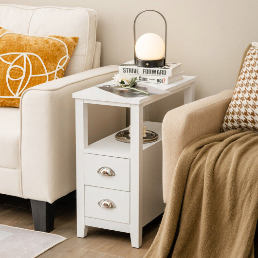 Set of 2 End Table Wooden with 2 Drawer & Shelf Bedside Table-Brown