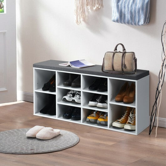10-Cube Organizer Shoe Storage Bench with Cushion for Entryway-White - Color: White