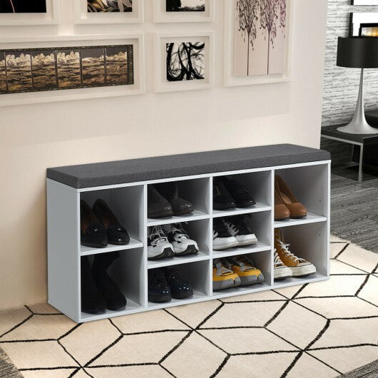 10-Cube Organizer Shoe Storage Bench with Cushion for Entryway-White - Color: White