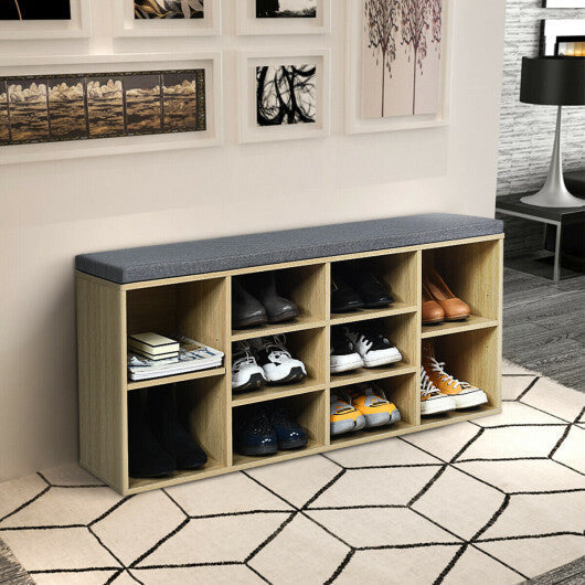 10-Cube Organizer Shoe Storage Bench with Cushion for Entryway-White