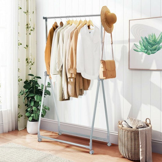 Extendable Foldable Heavy Duty Clothing Coat Rack Stand with Hanging Rod - Color: Silver