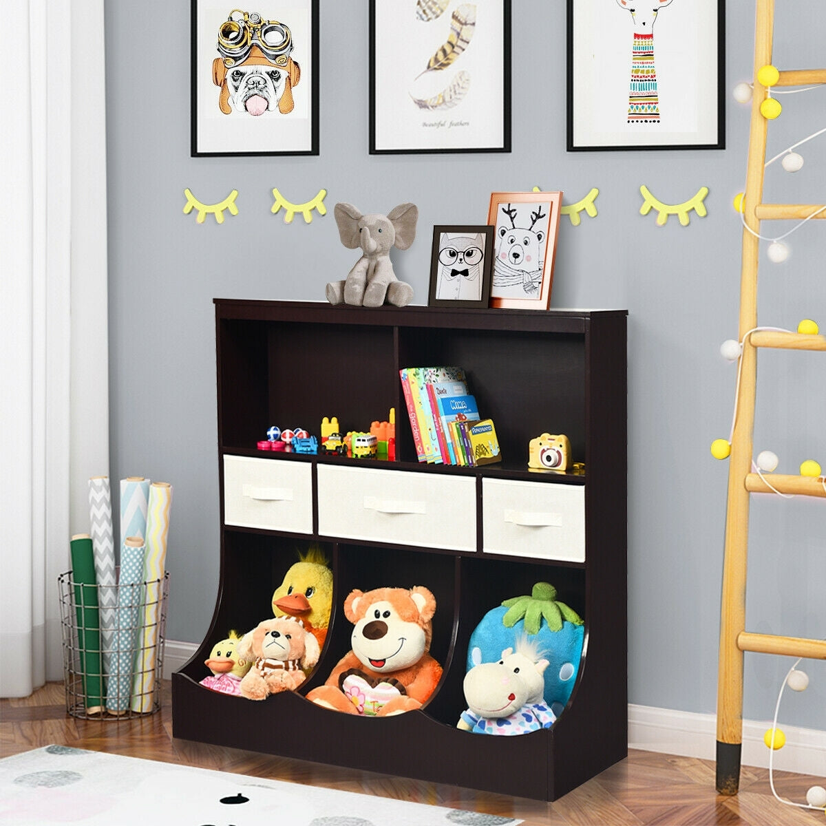 Freestanding Combo Cubby Bin Storage Organizer Unit W/3 Baskets-Brown - Color: Brown