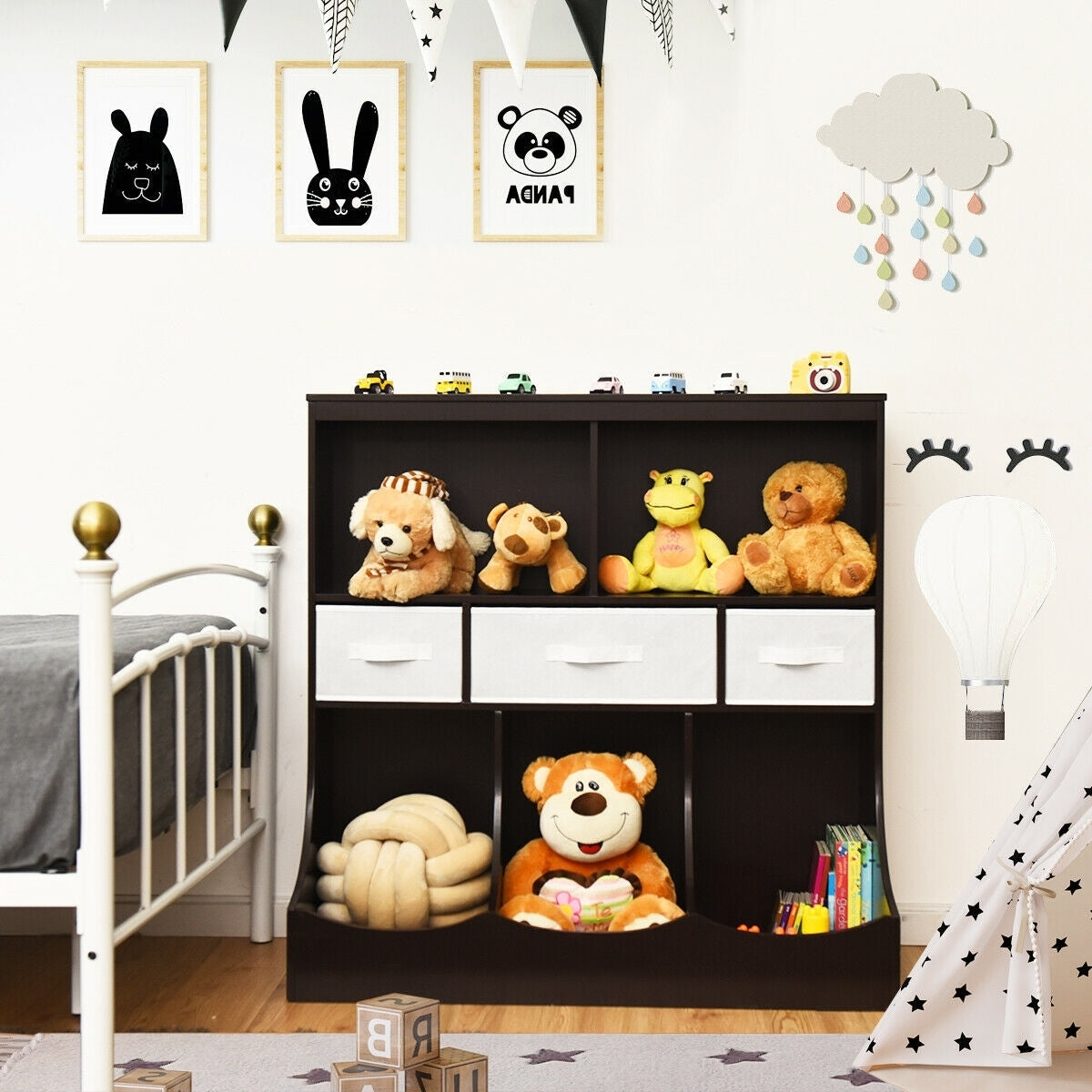 Freestanding Combo Cubby Bin Storage Organizer Unit W/3 Baskets-Brown - Color: Brown