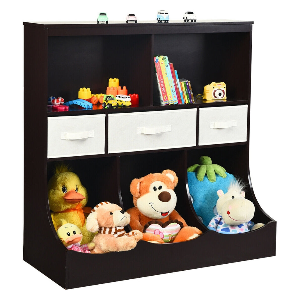 Freestanding Combo Cubby Bin Storage Organizer Unit W/3 Baskets-Brown - Color: Brown