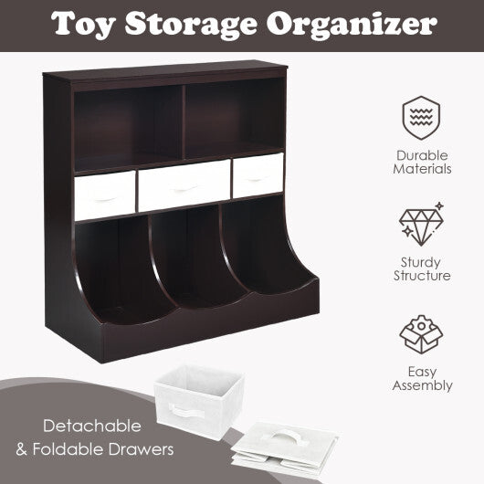Freestanding Combo Cubby Bin Storage Organizer Unit W/3 Baskets-Brown - Color: Brown
