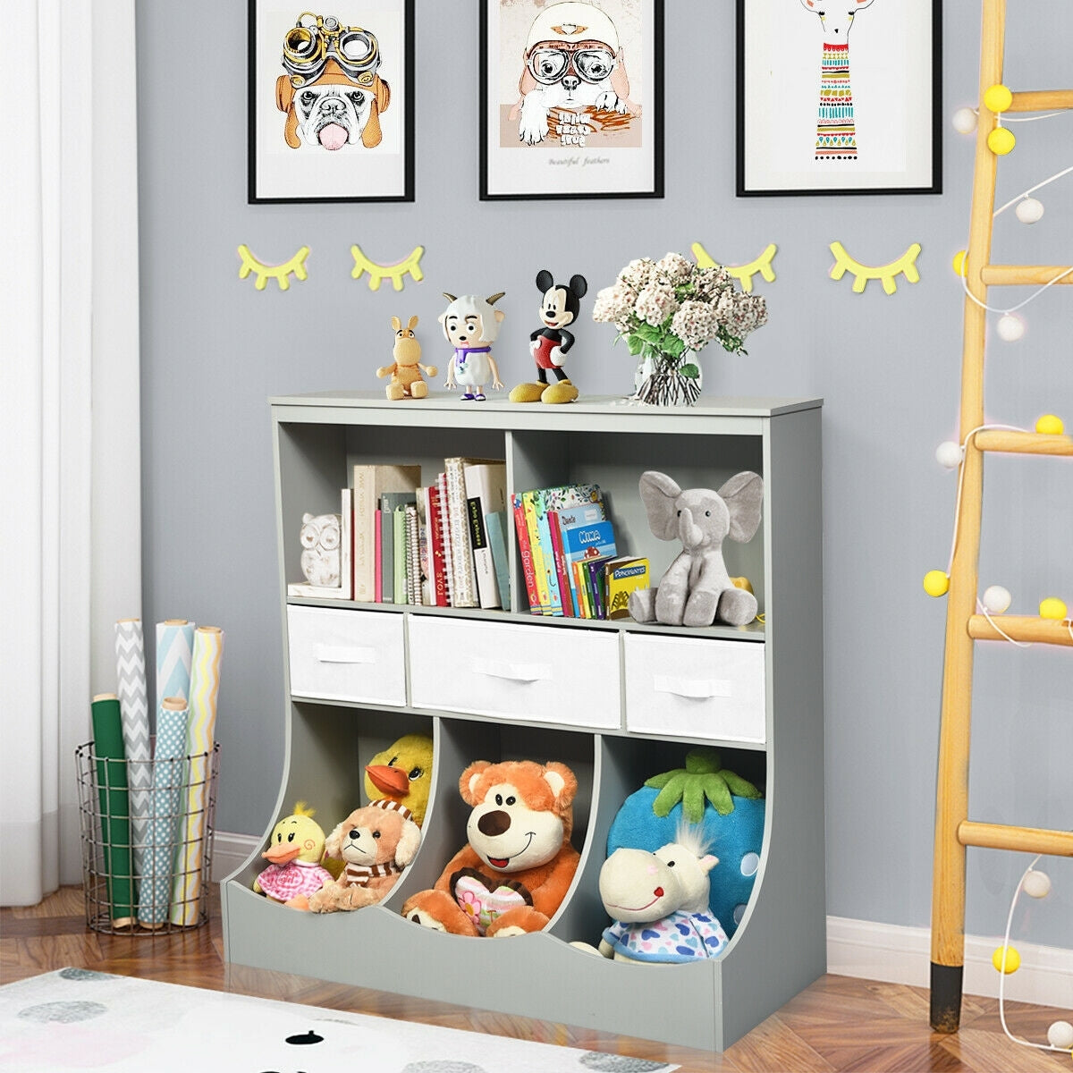 Freestanding Combo Cubby Bin Storage Organizer Unit W/3 Baskets-Gray - Color: Gray