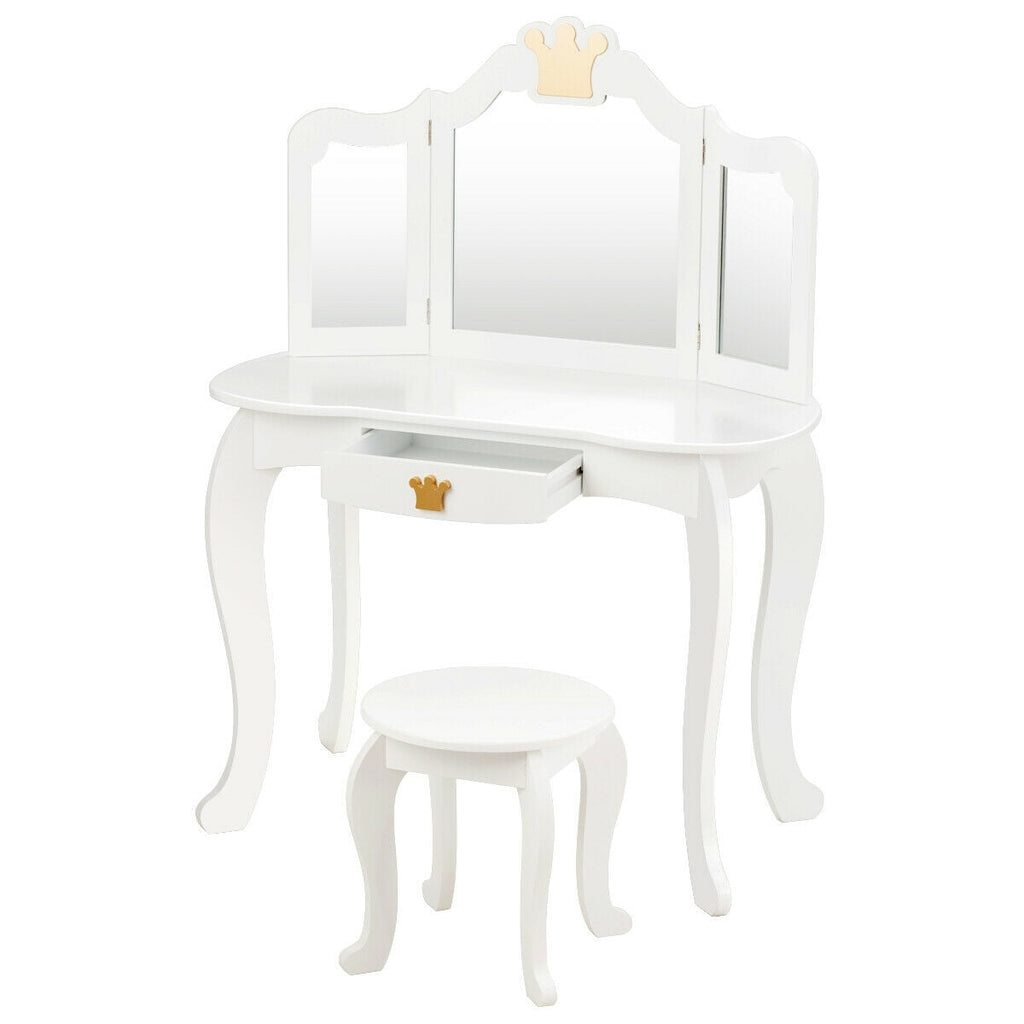 Kids Makeup Dressing Table with Tri-folding Mirror and Stool-White - Color: White
