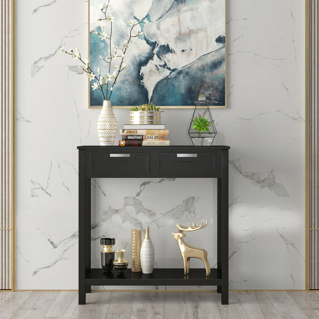 Narrow Console Table with Drawers and Open Storage Shelf-Black - Color: Black