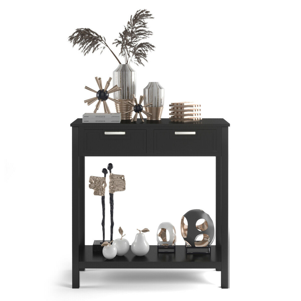 Narrow Console Table with Drawers and Open Storage Shelf-Black - Color: Black