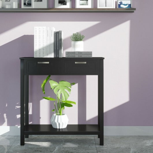 Narrow Console Table with Drawers and Open Storage Shelf-Black
