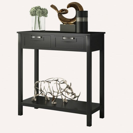 Narrow Console Table with Drawers and Open Storage Shelf-Black