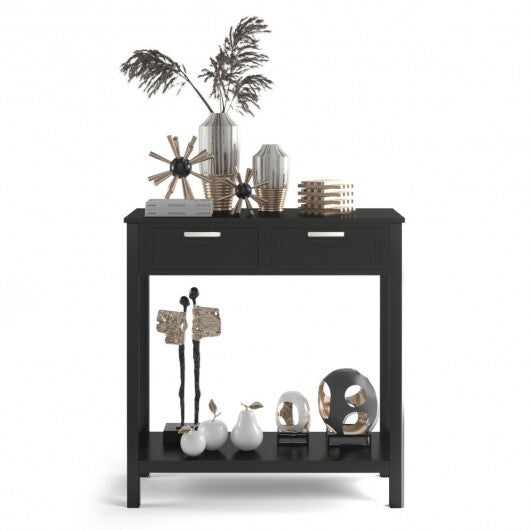 Narrow Console Table with Drawers and Open Storage Shelf-Black