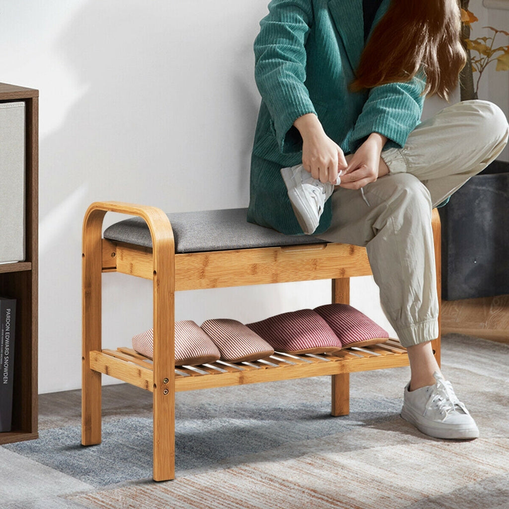 Shoe Rack Bench Bamboo with Storage Shelf-Natural - Color: Natural