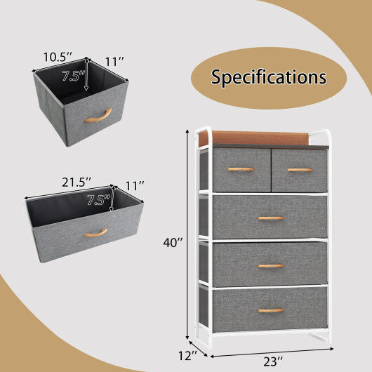 4-Tier Organizer Tower Steel Frame Wooden Top Storage with 5-Drawer Dresser-Muticolor