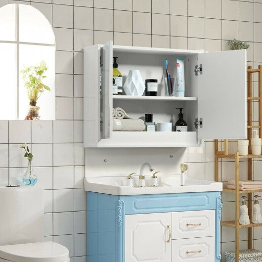 2-Door Wall-Mounted Bathroom Mirrored Medicine Cabinet - Color: White