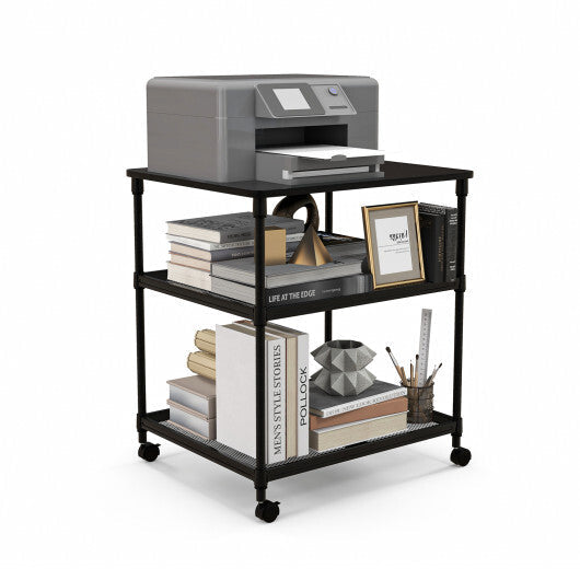 3 Tier Printer Stand Rolling Fax Cart with Adjustable Shelf and Swivel Wheels-Coffee