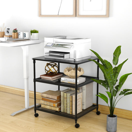 3 Tier Printer Stand Rolling Fax Cart with Adjustable Shelf and Swivel Wheels-Coffee