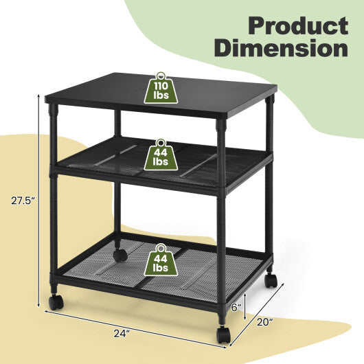 3 Tier Printer Stand Rolling Fax Cart with Adjustable Shelf and Swivel Wheels-Coffee