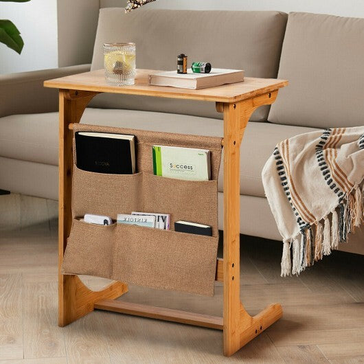 Bamboo Sofa Table End Table Bedside Table with Storage Bag - Color: Natural