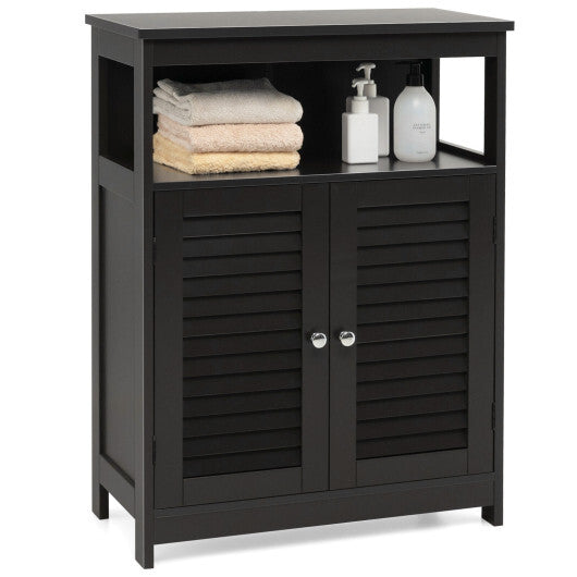 Wood Freestanding Bathroom Storage Cabinet with Double Shutter Door-Black - Color: Black