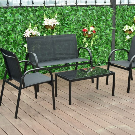 4 Pieces Patio Furniture Set with Glass Top Coffee Table-Black