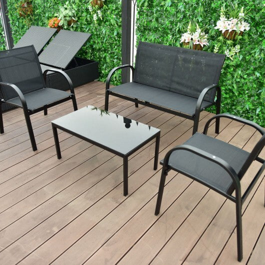 4 Pieces Patio Furniture Set with Glass Top Coffee Table-Black