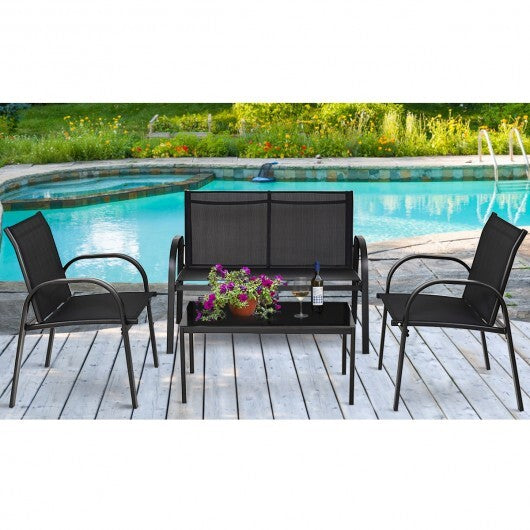 4 Pieces Patio Furniture Set with Glass Top Coffee Table-Black