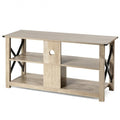 3 Tier Wood TV Stand for 55-Inch with Open Shelves and X-Shaped Frame-Brown
