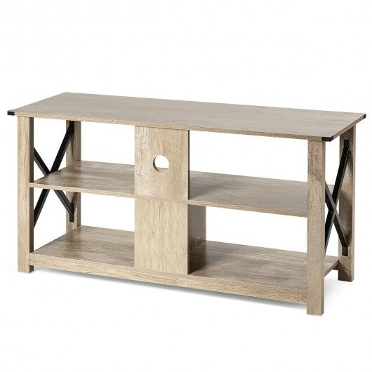 3 Tier Wood TV Stand for 55-Inch with Open Shelves and X-Shaped Frame-Brown