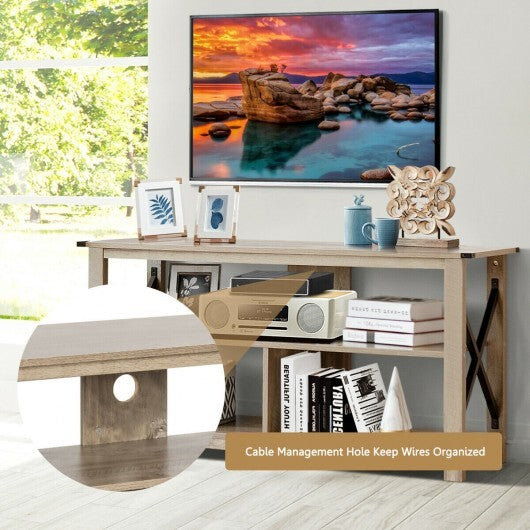 3 Tier Wood TV Stand for 55-Inch with Open Shelves and X-Shaped Frame-Brown