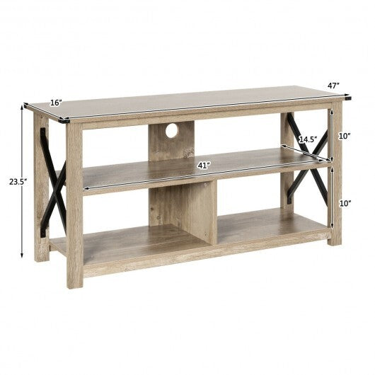 3 Tier Wood TV Stand for 55-Inch with Open Shelves and X-Shaped Frame-Brown