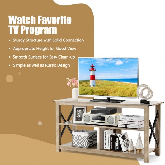3 Tier Wood TV Stand for 55-Inch with Open Shelves and X-Shaped Frame-Brown