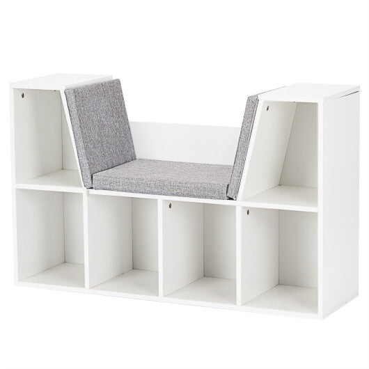 6-Cubby Kid Storage Bookcase Cushioned Reading Nook-Brown