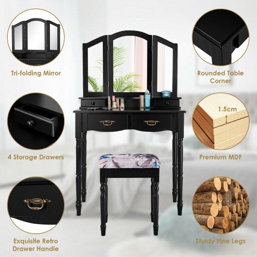 Simple Vanity Set with Tri-Folding Mirror Drawers and Storage Shelf-White